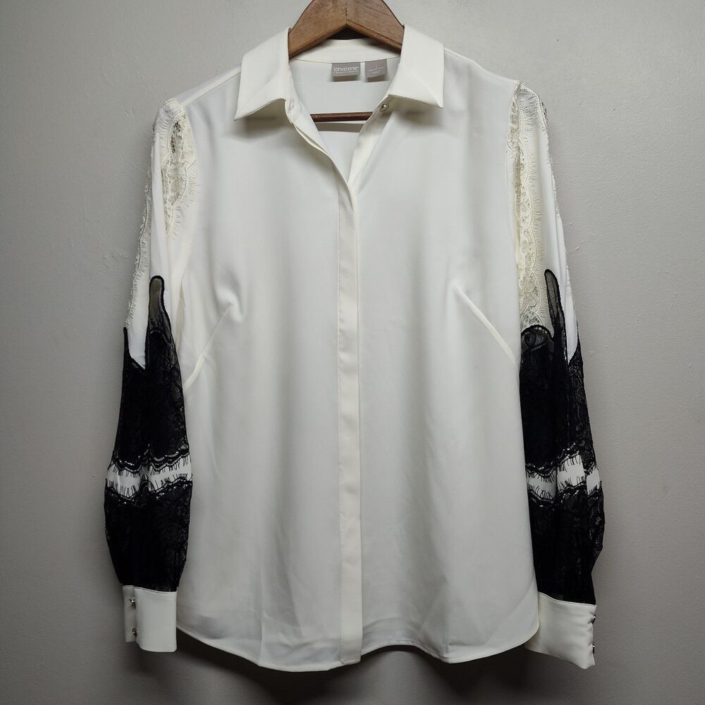Chico's Blouse Top Women Size M (1) Cream Black Lace Long Sleeve Sophisticated